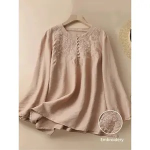Women's New Embroidered Shirt, Elegant Casual Floral Embroidery Long Sleeve Round Neck Blouse, Loose-Fitting Retro Style All Seasons