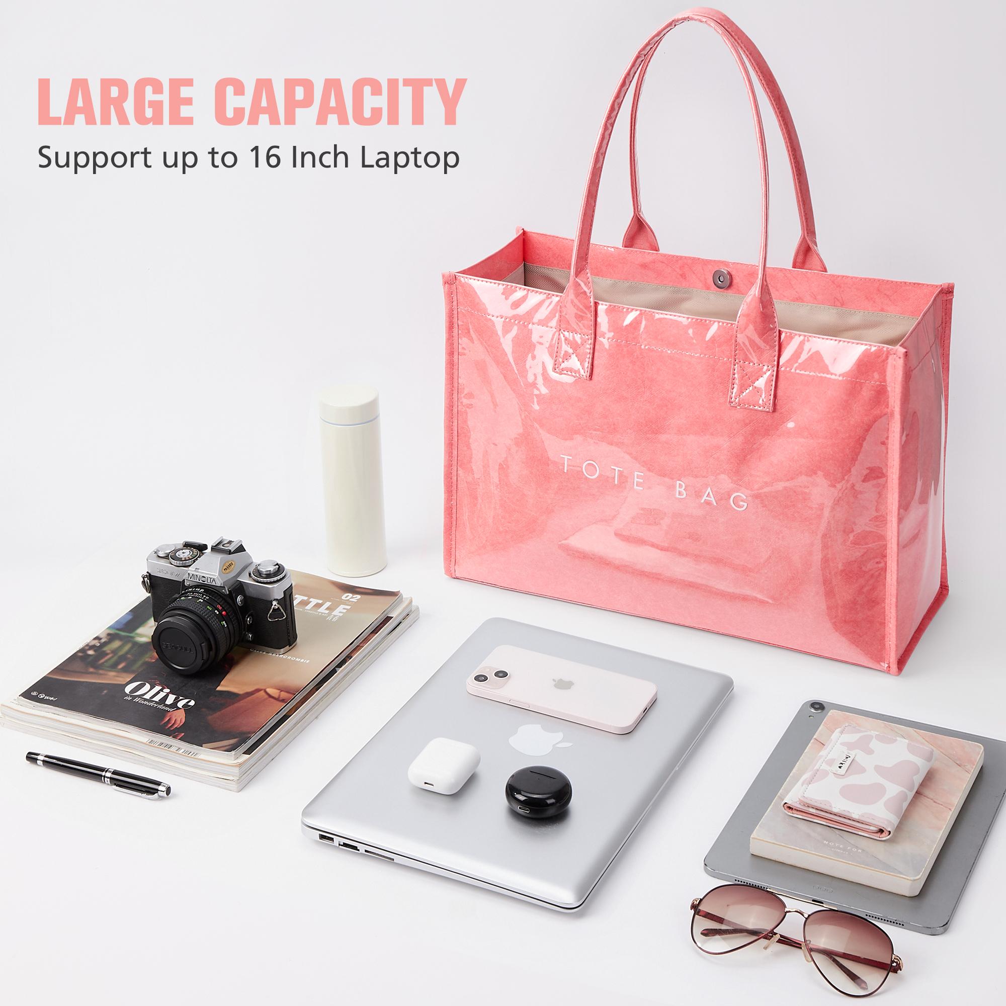 KALIDI PVC Tote Bag for Women, Waterproof Large Capacity Work & Beach Tote, Kraft Paper Shoulder Handbag with Top Handle for Travel & Everyday Use