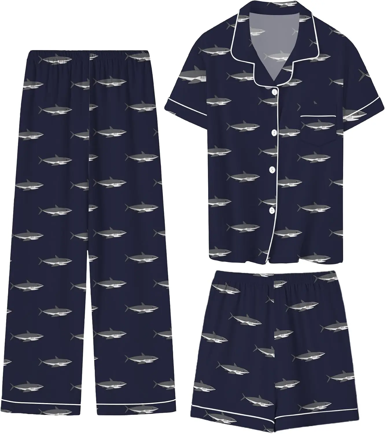 Boys' 3-Piece Soft Button-Down Short-Sleeve Pajama Set - Kids' Loungewear Sleepwear for 5-14 Years, Polyester Blend, All-Over Print