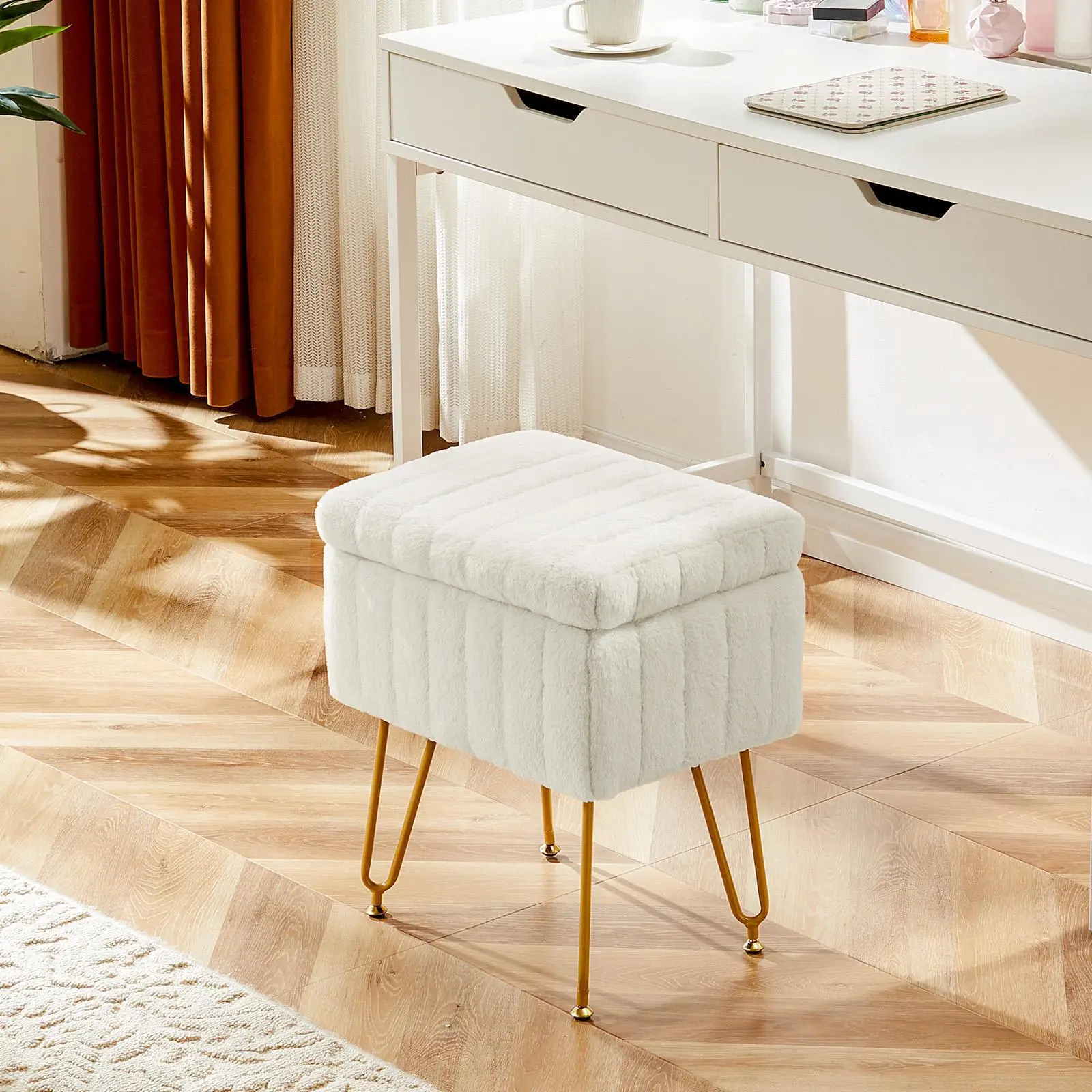 DUMOS Vanity Stool Chair with Storage Footstools Seat with 4 Metal Legs Adjustable Feet Modern Cute Small Footrest