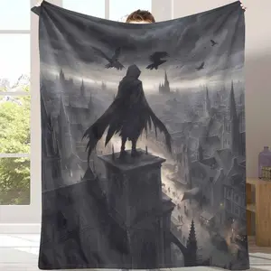 Gothic Raven Watcher Flannel Blanket Dark City Fantasy Art Print Soft Cozy Warm Throw Perfect for Bedroom Decor Reading Nook Halloween Ambience Movie Night and Gift for Fantasy Lovers
