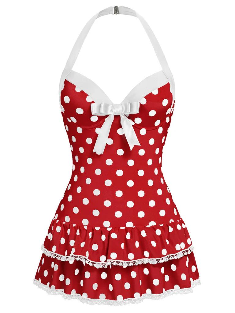 Blue 1940s Halter Polka Dots Bow One-Piece Swimsuit