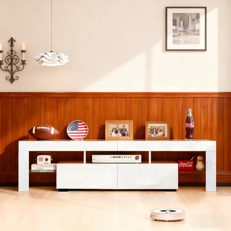 63'' LED TV Stand High Glossy Modern Entertainment Center with LED Lights and Storage for 55/60/65/70 Inch TV White Finish