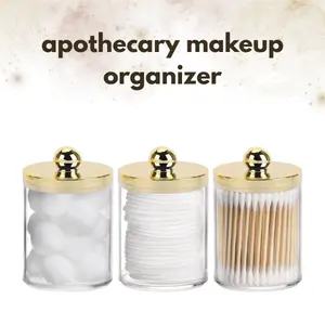 10oz Cotton Swab Holder with Gold Lid – Clear Plastic Cotton Swab & Cotton Pad Organizer Jar for Bathroom Vanity Storage