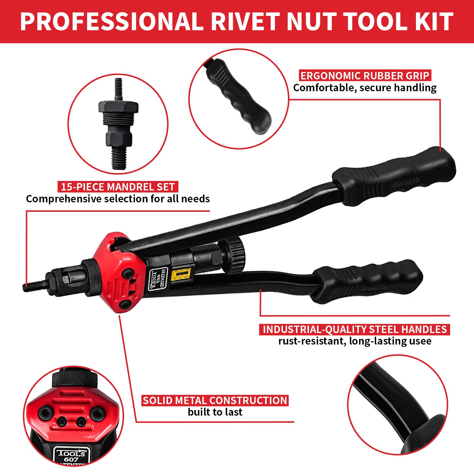Rivet Nut Tool Kit, 16-Inch Rivnut Tool with 15 Metric & SAE Mandrels and Rivet Nut Gun, 200pcs Rivnut Tool Kit Assortment, Nutsert Tool Kit with Carrying Case