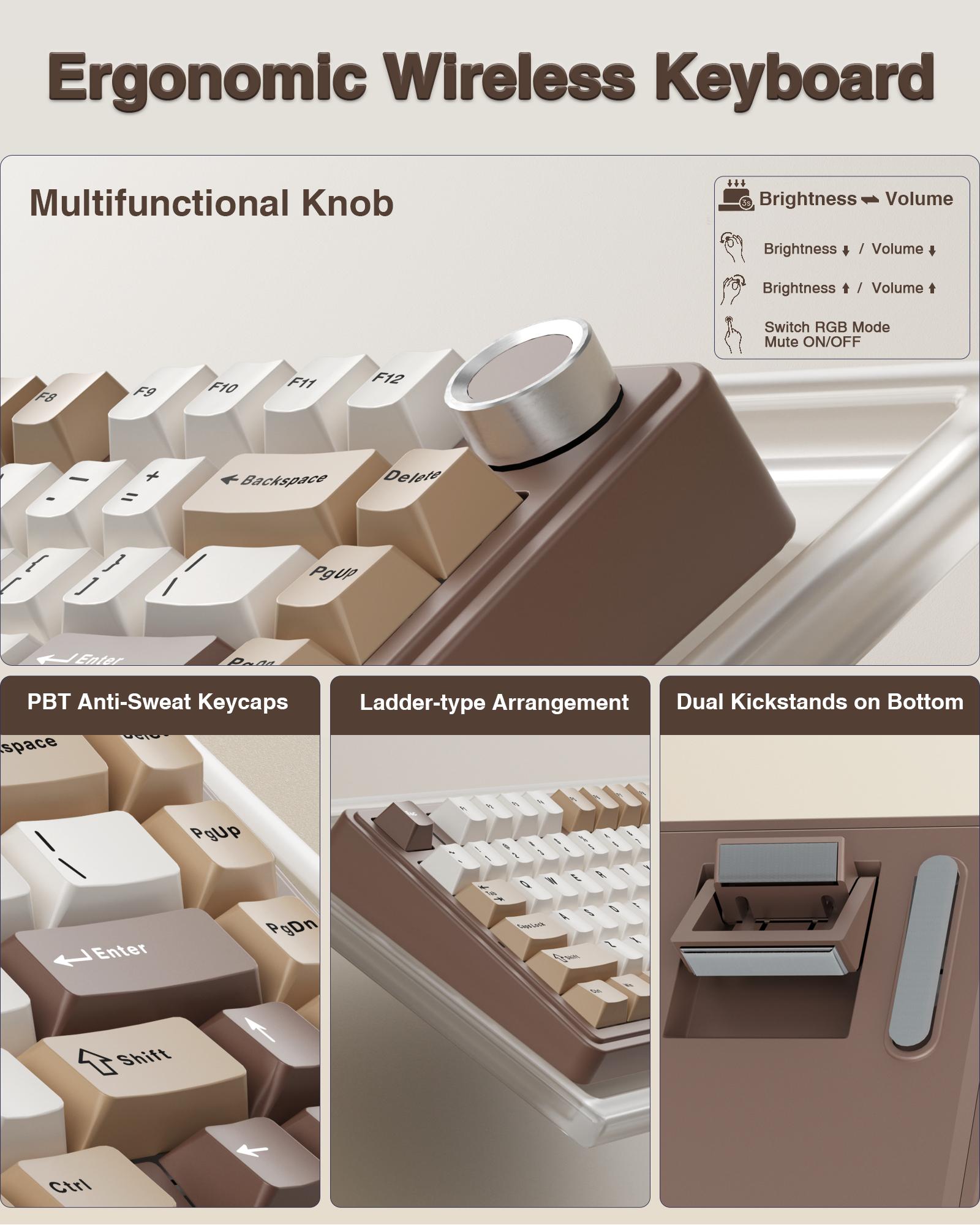 Aula F75 Mocha Brown 75% Wireless Mechanical Gaming Keyboard Pre-lubricated Linear Switches Tri-Mode Connection Hot-Swappable (3/5-Pin), RGB Backlight Volume Knob Creamy Sound Budget Keyboard