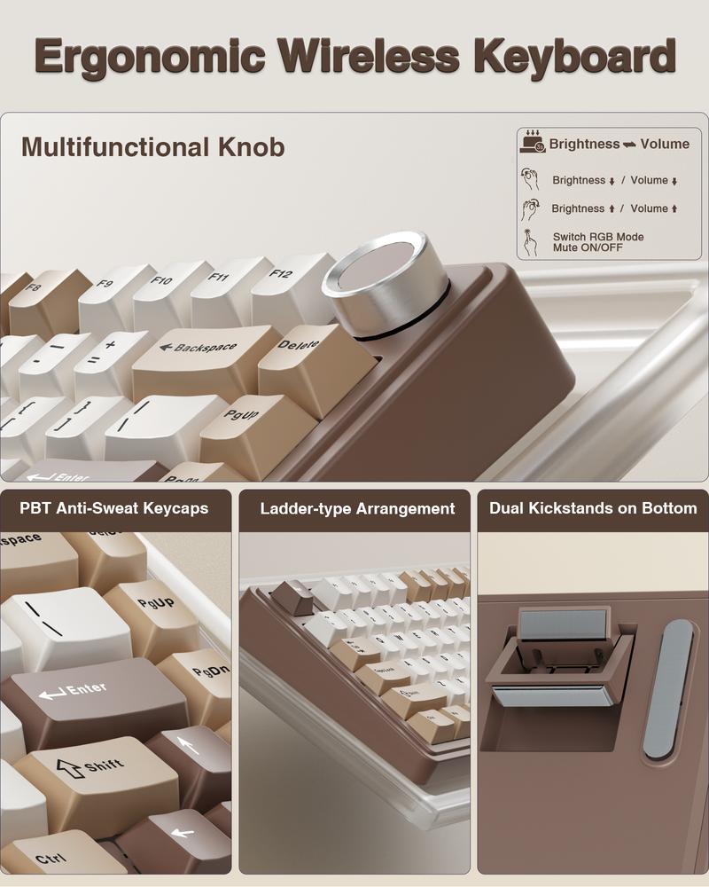 Aula F75 Mocha Brown 75% Wireless Mechanical Gaming Keyboard Pre-lubricated Linear Switches Tri-Mode Connection Hot-Swappable (3/5-Pin), RGB Backlight Volume Knob Creamy Sound Budget Keyboard