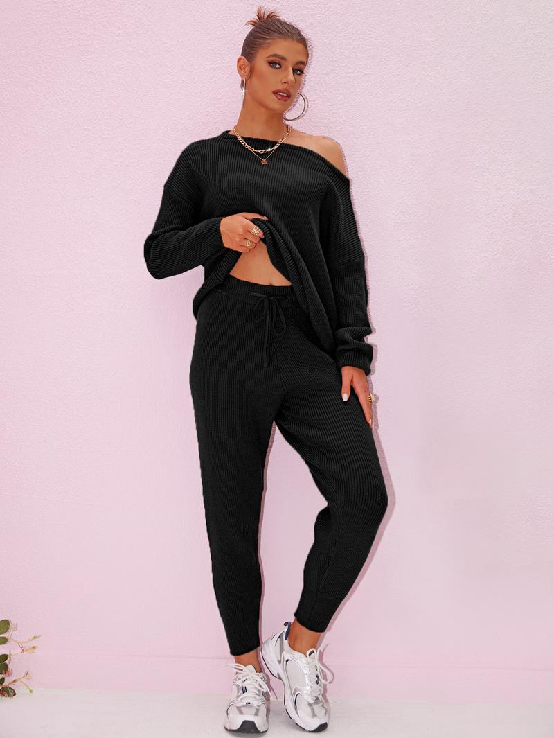 Joyfunear 2pc Set Top & Bottoms - Minimalist Crew Neck Long Sleeve Fitted Black Casual Basic Suits for Women