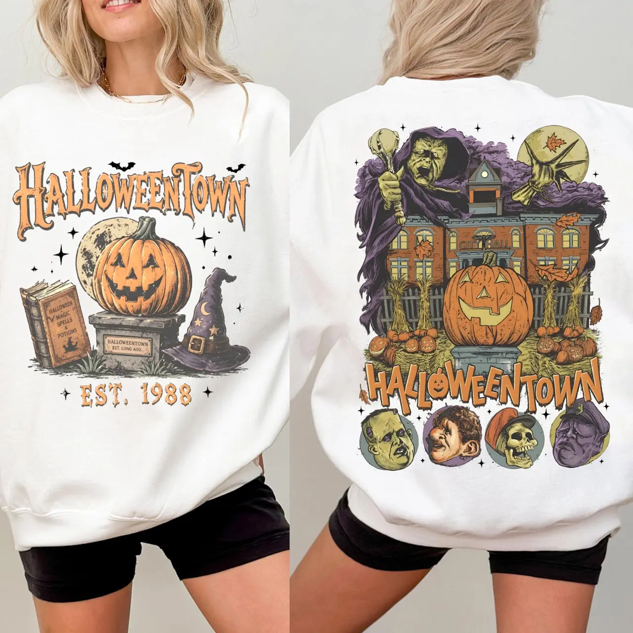 Halloweentown Est.1988 2-Sided Sweatshirt, Vintage Halloween Graphic Shirt, Front & Back Print Fall Pumpkin Spooky Sweatshirt, Unisex Halloween Gift