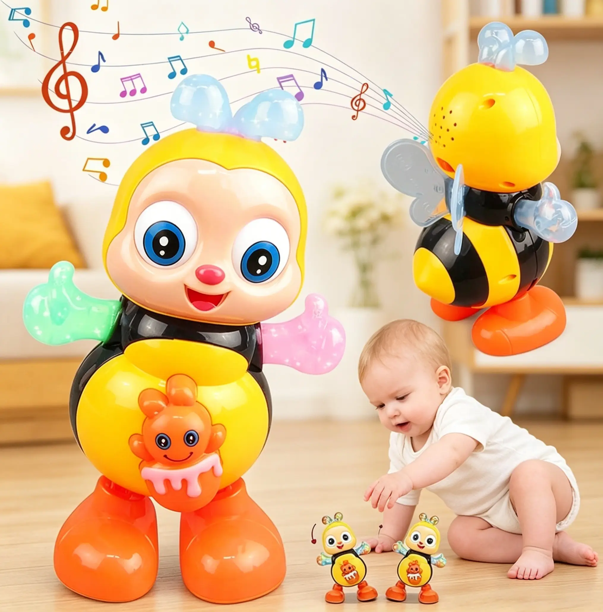 Dancing Bee Kids Toy - PVC-Free Unisex Toddler Sensory Product with Music Feature & LED Lights, Interactive Walking Educational Language Toy, Sensory Learning Gift