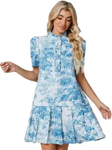 Women Floral Mini Dress Short Sleeve Stand Collar Button Up Elegant Work Swing Short Pleated Dress