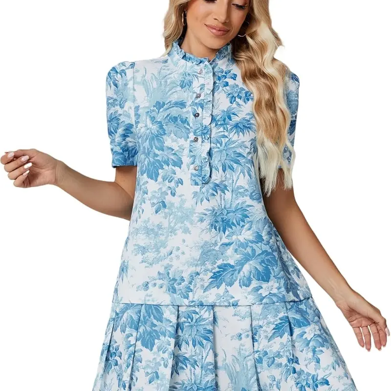 Women Floral Mini Dress Short Sleeve Stand Collar Button Up Elegant Work Swing Short Pleated Dress