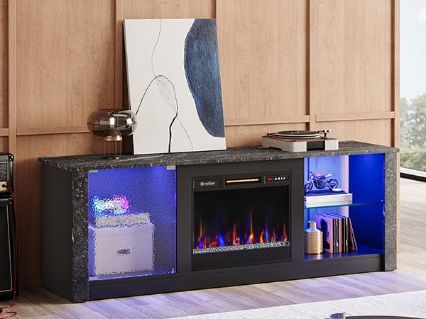 Bestier 63" Modern Fireplace TV Stand for TVs Up to 70", Electric Entertainment Center with Adjustable LED Storage Cabinets, Textured Door, Farmhouse Media Console for Living Room