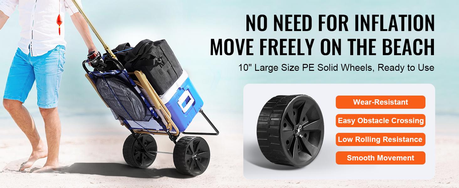 VEVOR Beach Dolly with Big Wheels for Sand,  15.4" x 15.7" Cargo Deck, w/ 10" PE Solid Wheels, 69LBS Loading Capacity Folding Sand Cart, Heavy Duty Cart for Picnic, Camping, Fishing, Beach, Gardening