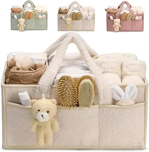 Large Felt Diaper Caddy Organizer, Portable Multi-Compartment Storage Basket for Nursery, Car Caddy & Parent Must Haves for Newborns, 15 x 10 x 7 Inches, Large Caddy Keeps Baby Items Sorted, Removable
