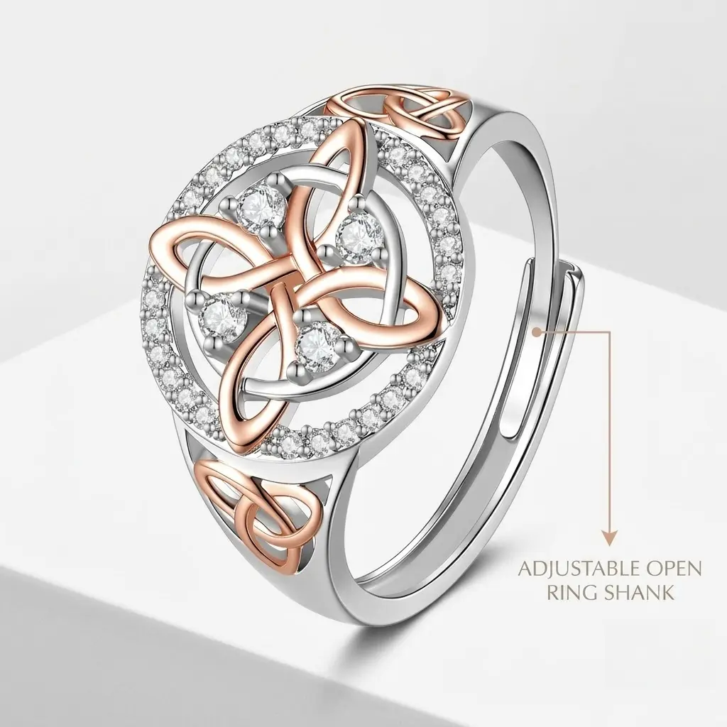 Adjustable Rose Gold Plated Celtic Knot Ring Anillo Nudo de Bruja Plata Original Witch Knot Jewelry, Cubic Zirconia Decorated Witches Knot Ring, Witchtok Witch Jewerly Pagan Jewelry for Devotion for Protection Gift for Her,Mother's day Gift