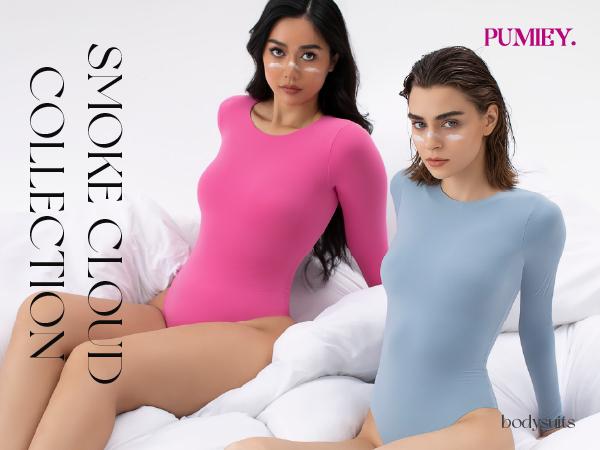 PUMIEY Women's Crew Neck Long Sleeve Bodysuit SMOKE CLOUD COLLECTION Soft Stretch Fabric Snap Closure Basic Tops for Any Occasion Minimalist