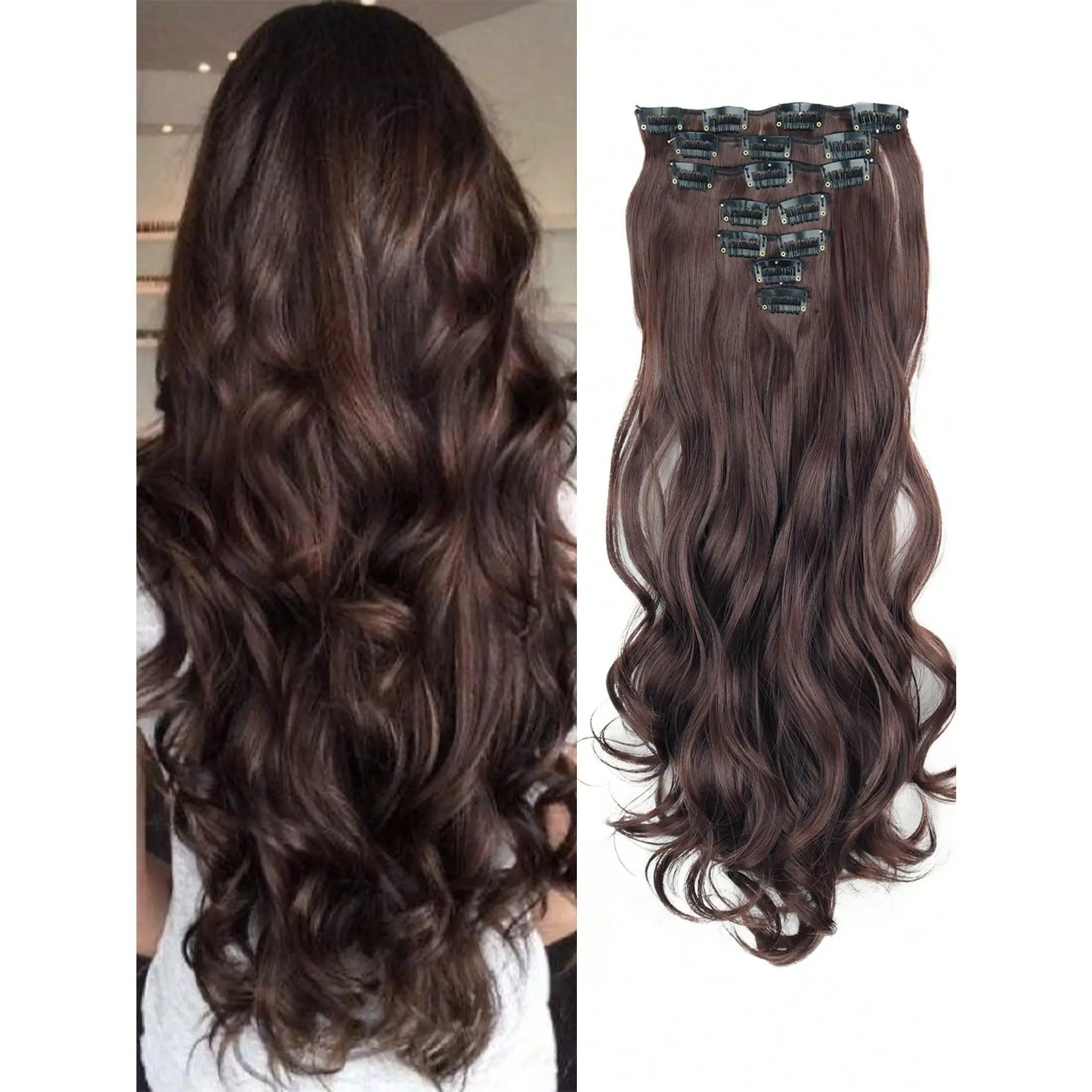 2025 New Long Curly Hair Extensions (18-30in) - 16 Clip 7-Piece Set, Voluminous Big Waves + Leopard Print Melting Band