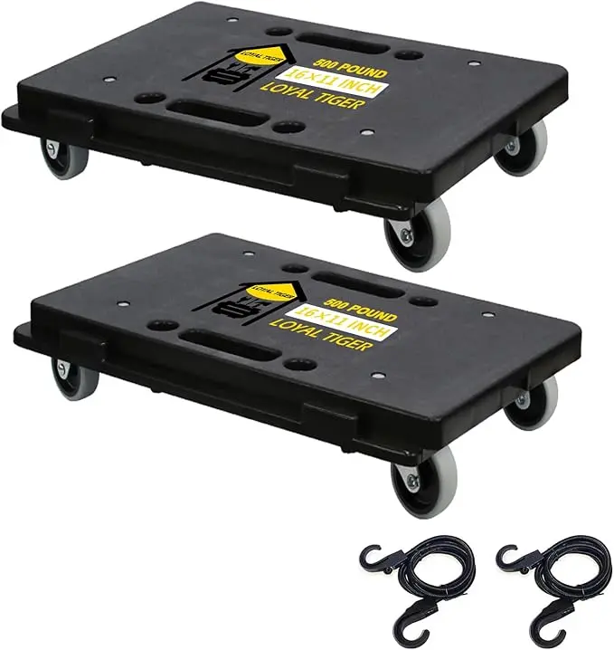 Furniture Dolly 2-Pack Black, Heavy Duty 4-Wheel Moving Flat Cart with 2 Ropes, 500 lbs Strong Load-Bearing Capacity, 11.4x16.3x3.2 Inches Small Cart for Garages