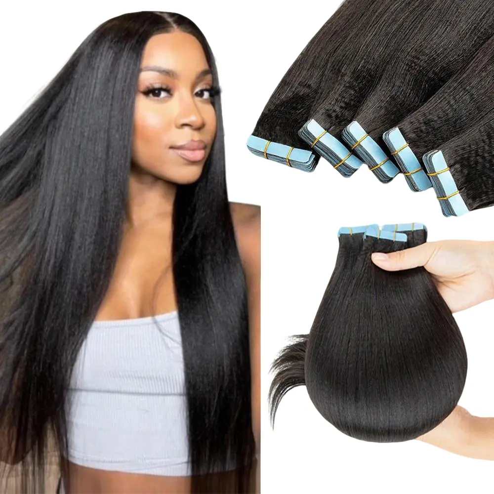 Light Yaki Straight Tape In Hair Extensions, 100% Real Remy Human Hair for Women, Seamless Invisible Wefts in Natural Black, 20 Pieces, 12-24 Inch, Tape In Extensions, Real Remy Hair