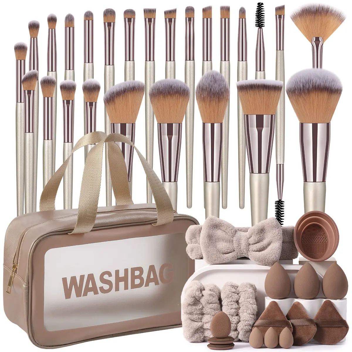 All-In-One Makeup Tools Set Makeup Brush Set with Storage Bag Beauty Sponges Triangle Powder Puffs Plush Hairband Wristbands Silicone Cleaner Bowl Transparent Handheld Washbag for Daily & Travel,sunscreen