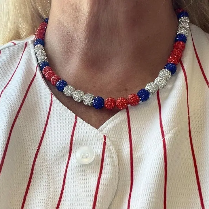 Unisex Handmade Red & Blue Baseball Hip-Hop Collarbone Chain - Colored Faux Diamond, Beads Mix Costume Jewelry, Trendy Personality Accessory, Ideal Holiday Gift, Colored Faux Diamond Necklaces, Beads Mix Necklaces, Blue And White Necklaces