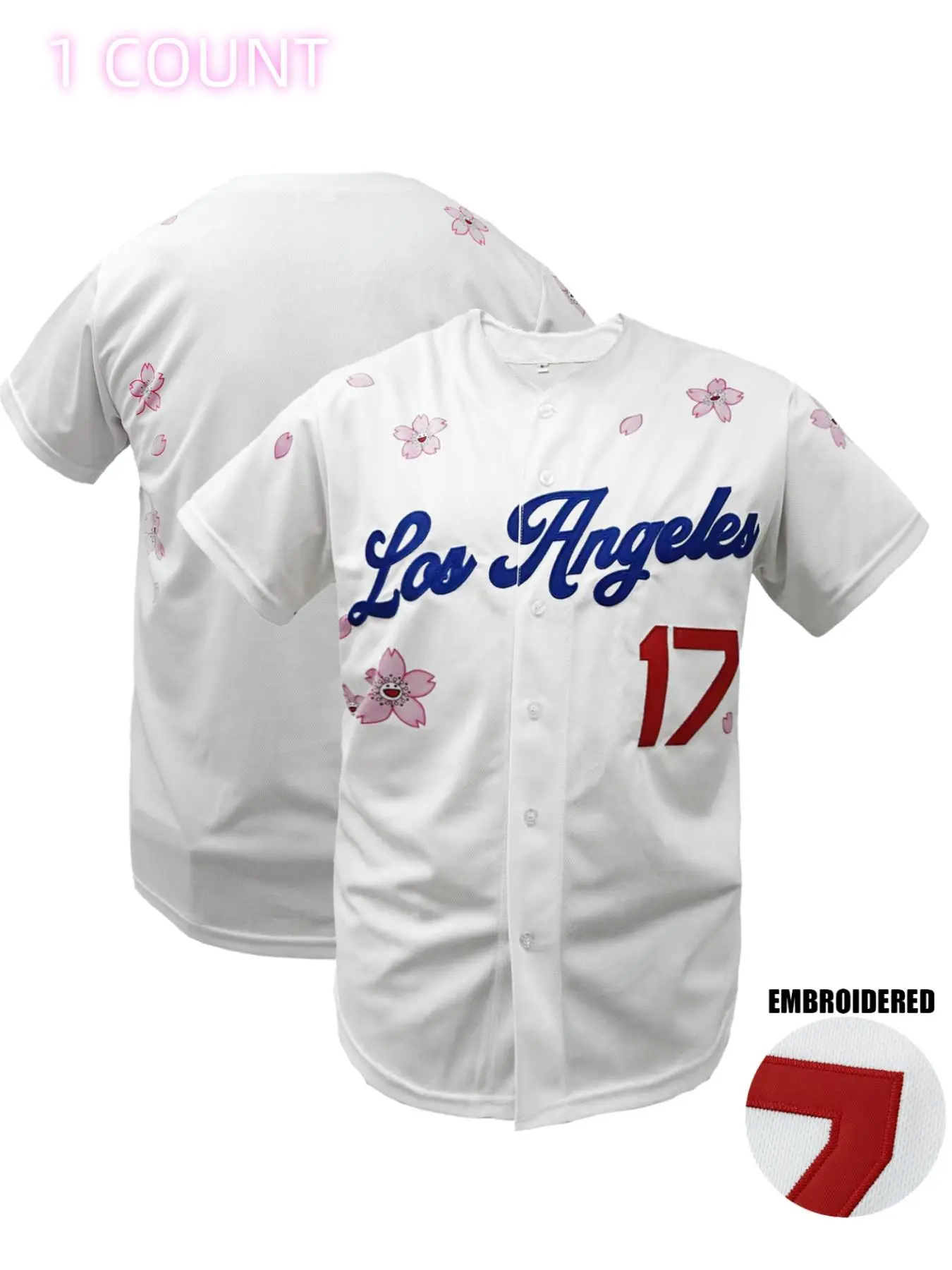 Men's Cherry Blossom Embroidered Baseball Jersey Shirts, Casual Loose Short Sleeve V Neck Baseball Top for Fall & Winter, Baseball Christmas Gifts, Men's Sportswear for Training & Competition