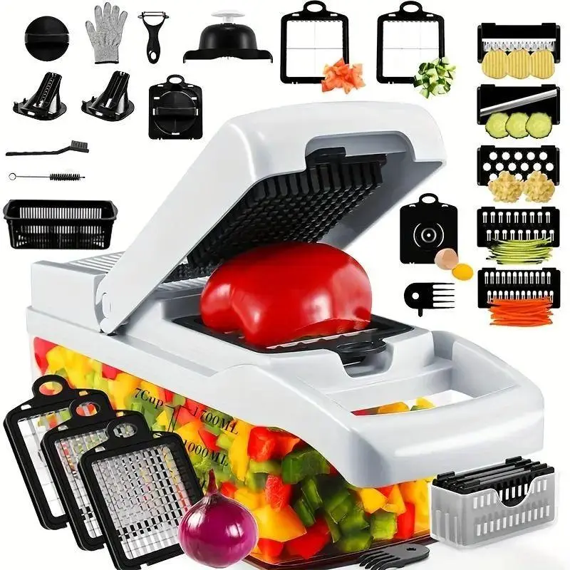 Multifunctional Vegetable Chopper, 1 Set Manual Vegetable Cutter with Container, Household Vegetable Cutting Slicer, Durable Vegetable Slicer, Home Kitchen Utensils & Gadgets