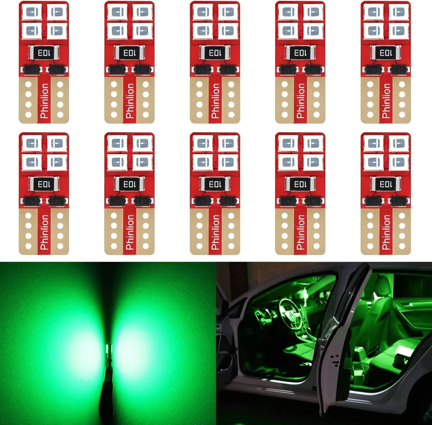12V Super Bright Green T10 Wedge LED Light Bulbs, 8-SMD 2835 Green LED Chips Long-Lasting Bulb Pack, Non-Polarity Easy Install Plug&Play, Fit for T10/194/168/175/2825 Car Interior Dome/Map Lights (Pack of 10)