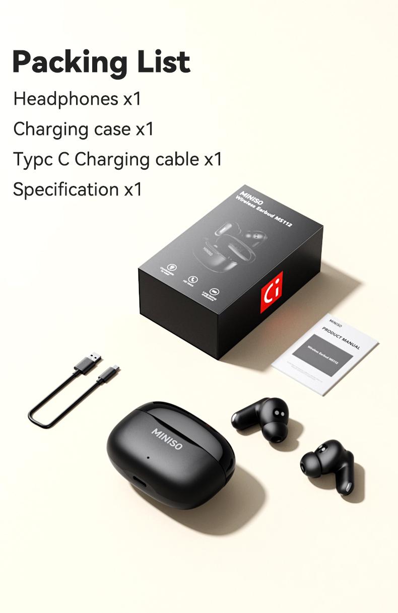 MINISO MS112 Wireless Earphones: Active noise cancellation, real-time translation, heart rate sensing, hearing aid function, Bluetooth connectivity, spatial audio, high-fidelity sound quality, USB-C charging.