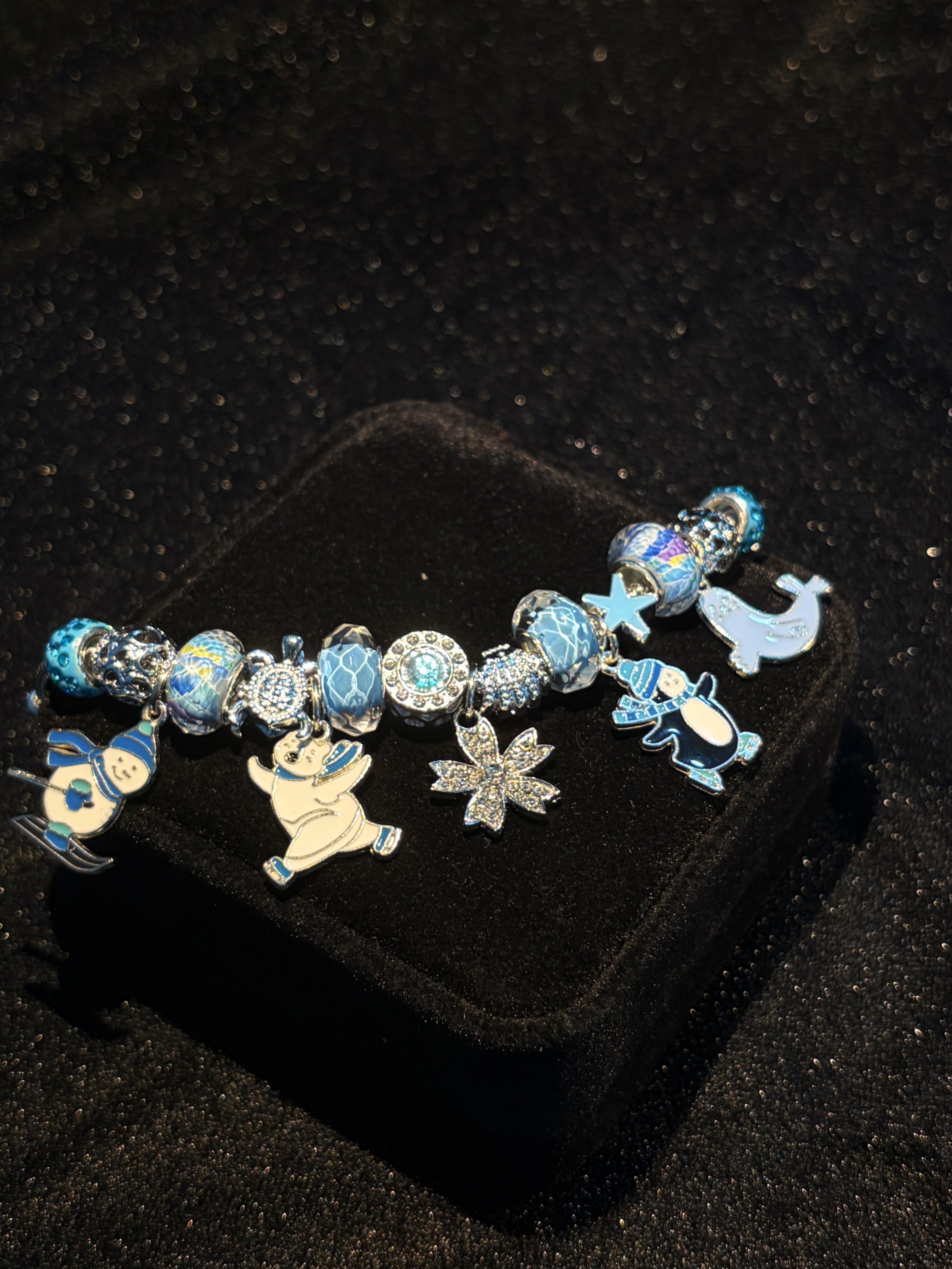 Women's Adjustable Silver-Tone Snake Chain Bracelet with Water-Ripple Blue Beads, Animal Snowflake Pendants and Removable Large Hole Beads Costume Jewelry