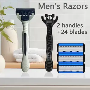 Blade Men's Shaving Razor for Men Beard Mustache Replaceable Cartridges Blades 2pcs Set 2 Handles 24 Blades