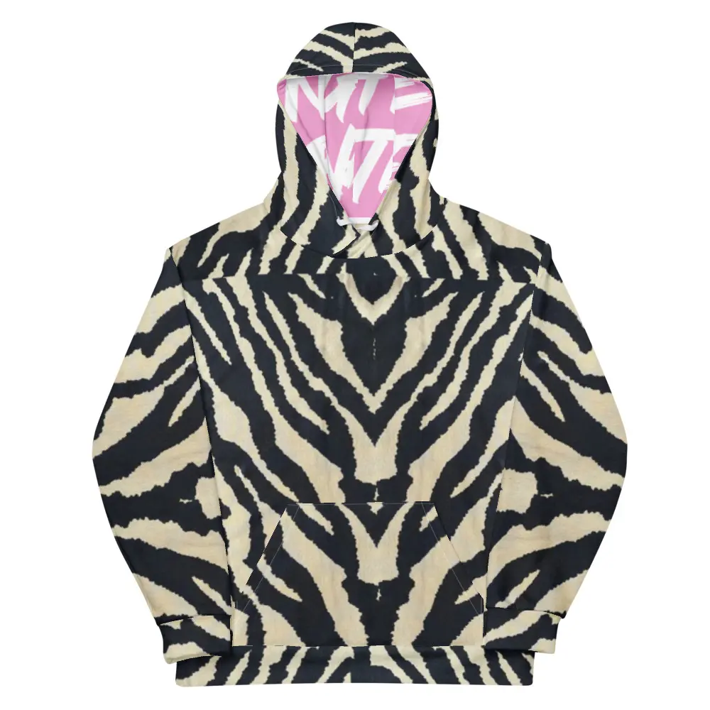 Zebra Print Hoodie with Pink Hood – Oversized Unisex Streetwear Hoodie | Cozy Animal Print Sweatshirt