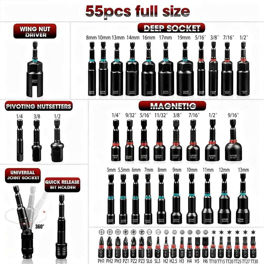 55Pcs Magnetic Impact Nut Driver Set,SAE & Metric Red Storage Case,Socket Set,Socket Adapters & Quick Release Extension,MechanicEssentials #Summervibes
