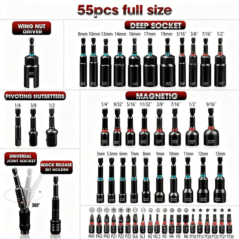55Pcs Magnetic Impact Nut Driver Set,SAE & Metric Red Storage Case ,Socket Adapters & Quick Release Extension,MechanicEssentials