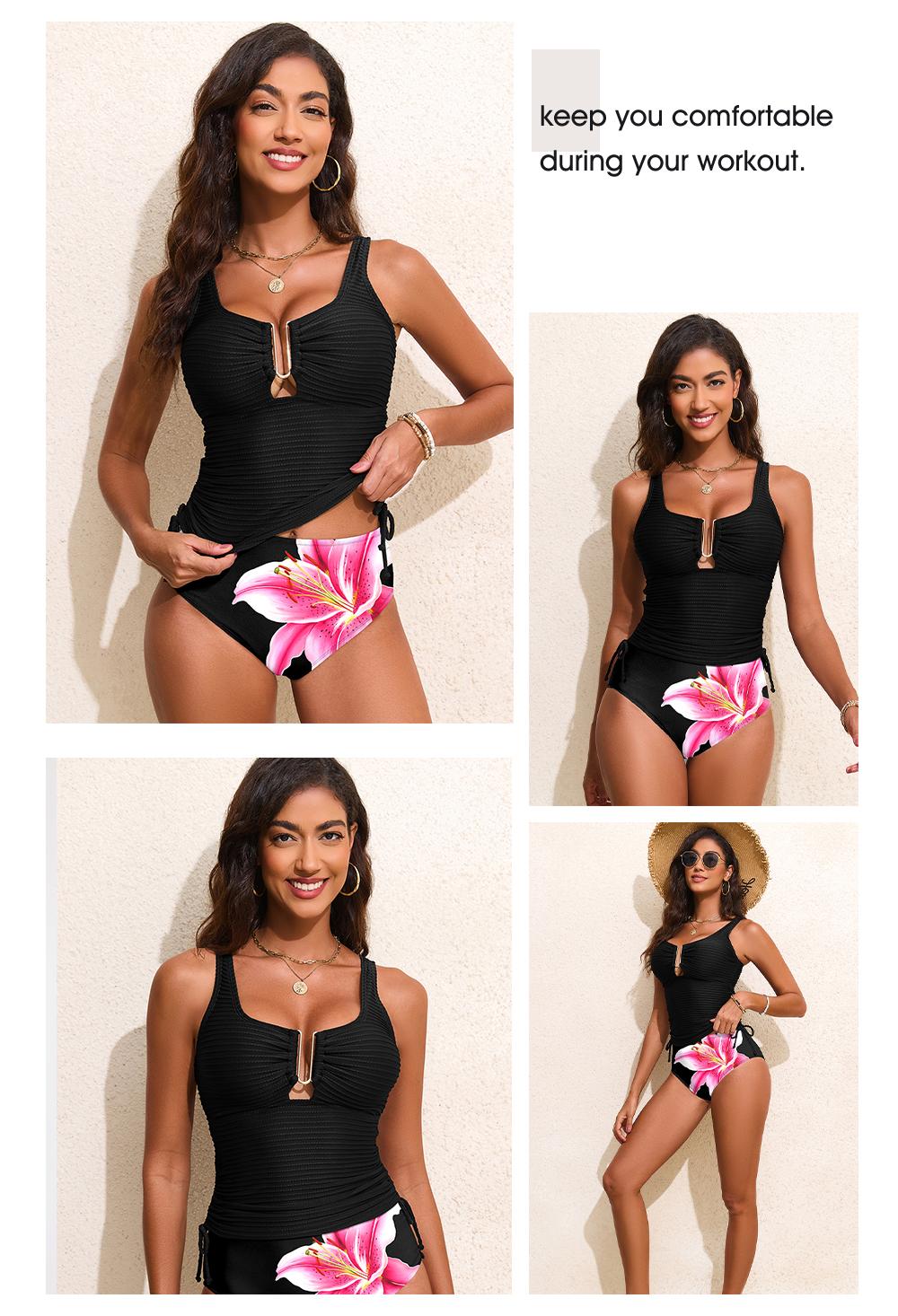 Aleumdr Women's Textured Tankini Swimsuits Tummy Control Ruched U-Wire Cutout Two Piece Bathing Suits with Bottom