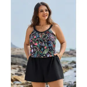 【Summer Turn-Up】【Tummy control】BlOOMCHIC Plus Size Color Contrast Tropical Floral One-Piece Swimsuit [M-6X] 2026 Summer Pick for Mother's Day,summervibes