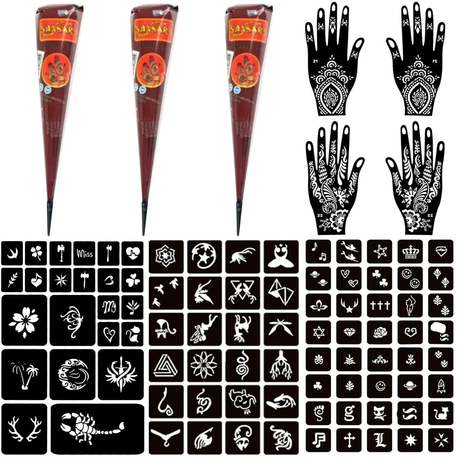Temporary Tattoo Kits  Henna tattoo cones  Stencils Semi Permanent Tattoo Markers  for Women Men DIY Art Painting Party Gifts