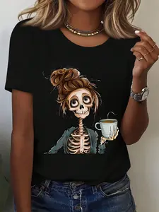 Women's Halloween Costume Skull Girl Coffee Cup Print Top: Cotton loose sporty party-style cute elegant stretch home casual crewneck short sleeve, Halloween-themed, skin-friendly and machine washable;