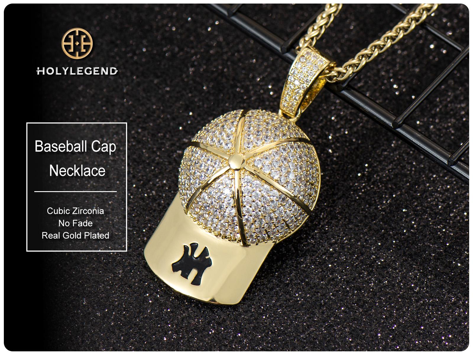 Holylegend 14K Real Gold-Plated Baseball Cap Pendant Necklace for Men and Women, Diamond-Cut Cubic Zirconia Charm, 24” Rolo Chain, Trendy Gold Plated Hip Hop Jewelry Gift