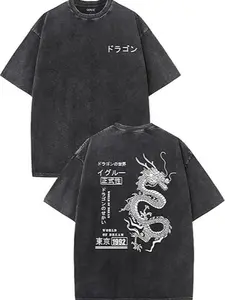 Mens Graphic Tees Vintage Oversized T-Shirts Casual Acid Wash Cotton Streetwear Dragon Print Top - Menswear