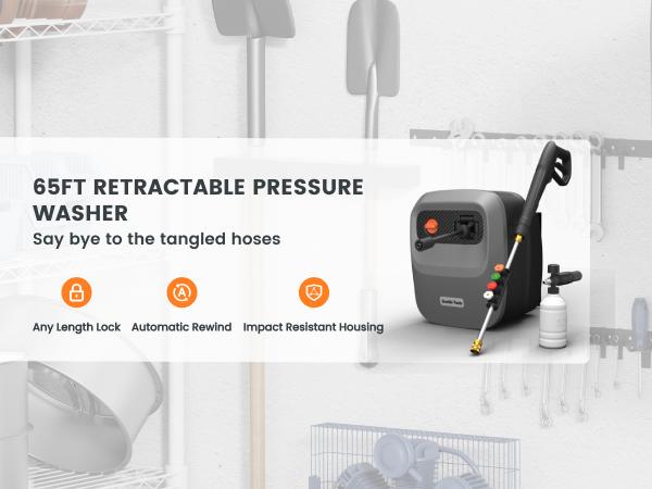 Giraffe Tools Grandfalls Retractable Pressure Washer G20 2400 PSI 2.0 GPM with 65FT Hose Reel, 4 Nozzles for Floor, Cars, Patios & More