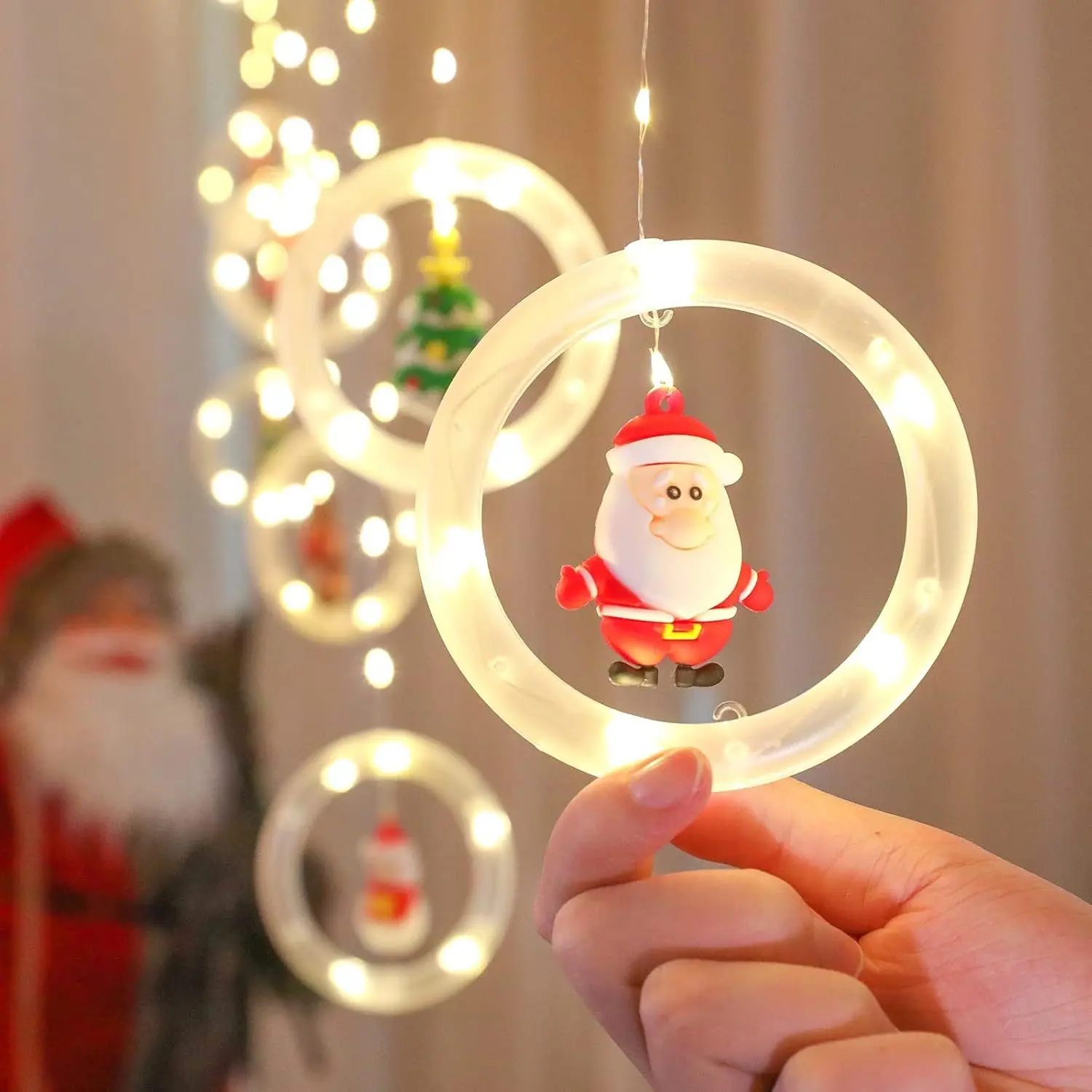 Christmas Window Curtain String Lights with Hanging Ornaments, Santa Reindeer Snowman LED Ring Fairy Lights, Indoor Home Xmas Tree Wall Window Holiday Decoration Lights