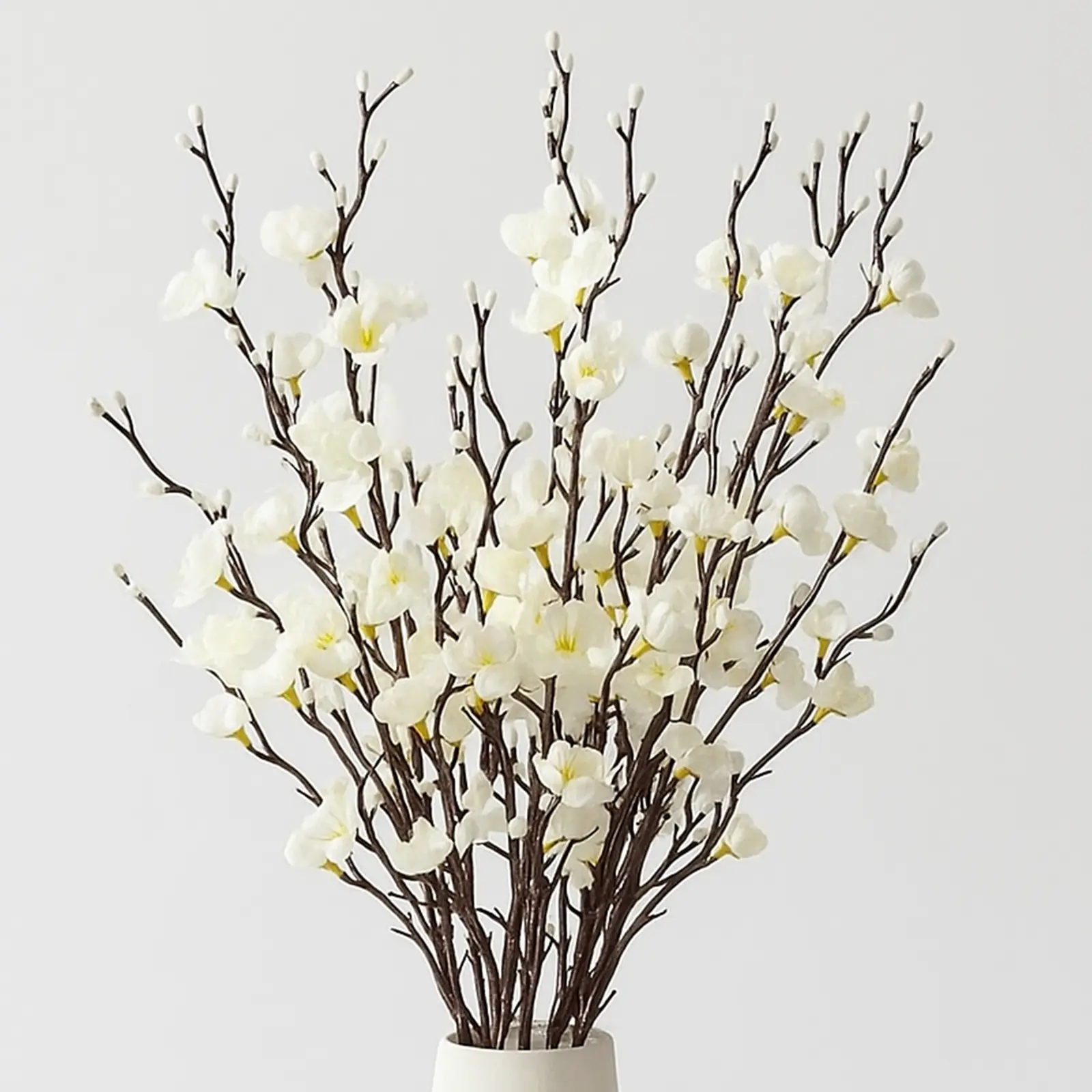12Pcs Plastic Realistic Faux Plum Silk Cherry Blossom Artificial Branches - Decorative Faux Plant Ornaments with Long White Flower Stems for House Decor, Living Room Decor, Study Table Centerpieces (Vase Not Included)