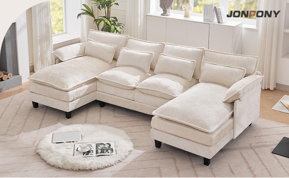 【3 Packages】110" U Shaped Couch,Modular Sectional Sofa with 4 Waist Pillows,Sleeper Deep Seat Couch with Double Chaise Lounge & Memory Foam for Living Room