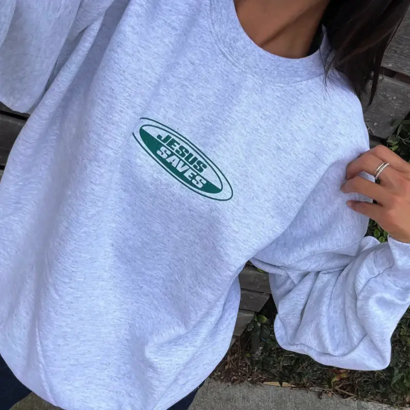 JESUS SAVES RETRO CREWNECK Vintage Graphic Sweatshirt, Christianity Faith Gift For Christian Woman T-Shirt, Print Short Sleeve T-Shirt Womenswear Top Tshirt Cotton Graphic Crewneck Casual Boho