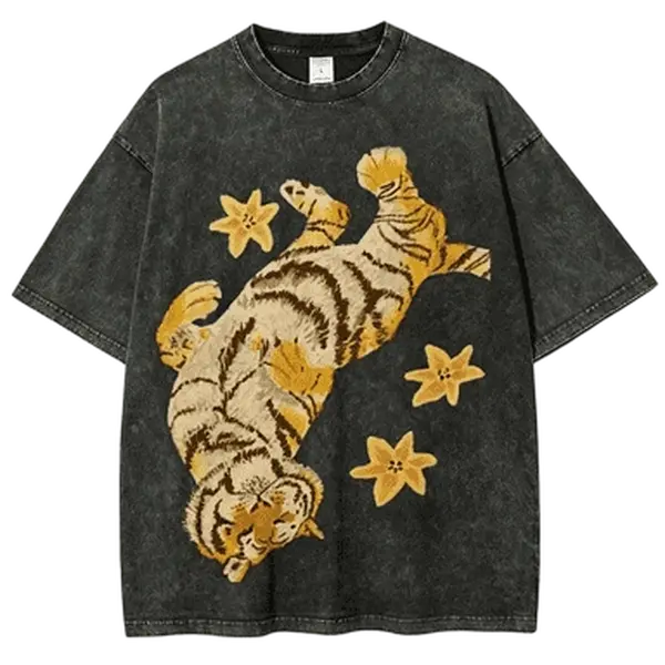 Men's Vintage Washed T-Shirt with Tiger & Star Graphic Print, Oversized Crew Neck Short-Sleeve Fashion Top for Couples, Shortsleeve, Menswear, Star Detail