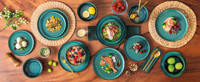 vancasso PLA Plates and Bowls Sets, 16/18/24 Pieces Stoneware Dinnerware Sets Dishes Set Modern kitchen Dishware Sets Service for 4-6 People, Dishwasher and Microwave Safe, Blue, Black, Green Set