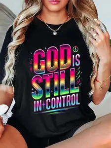 Unisex Vintage Graphic T-Shirt God Is Still In Control - Vibrant Comfortable Short Sleeve Round Neck Cotton Top for Casual Wear & Special Occasions Womenswear Black
