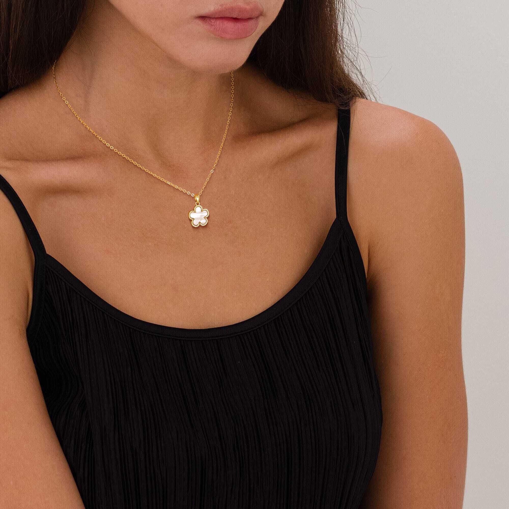 TEWIKY Gold Trim Shell Flower Pendant Necklace for Everyday Wear - Christmas Gift for Her TEWIKY Gold Trim Shell Flower Pendant Necklace for Everyday Wear - Christmas Gift for Her